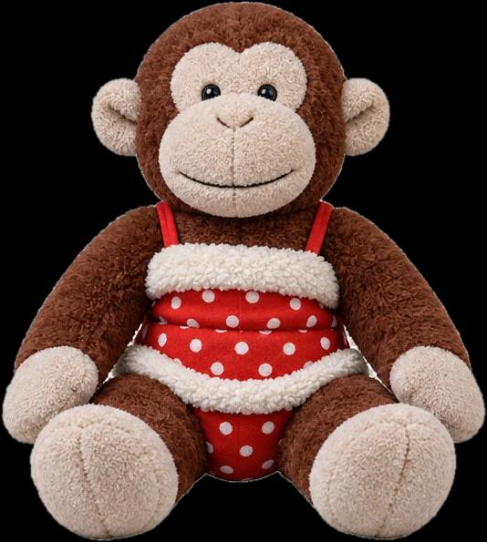 A monkey plush sitting in front of the shelf