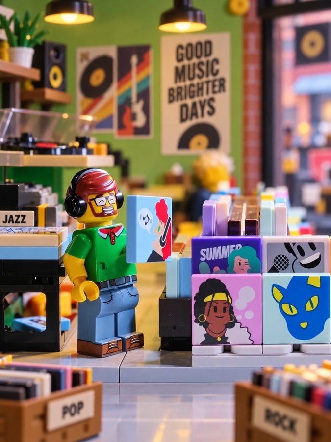 Lil' G in a record store full of album-art tiles