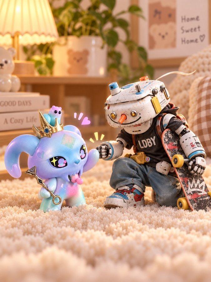 Queen and Skater Bot bumping fists on a fluffy rug