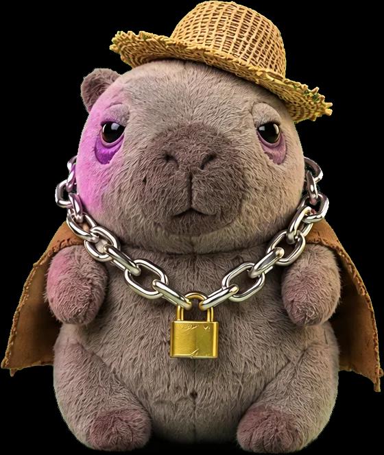 Bara, a capybara plush in a straw hat, cape and gold chain