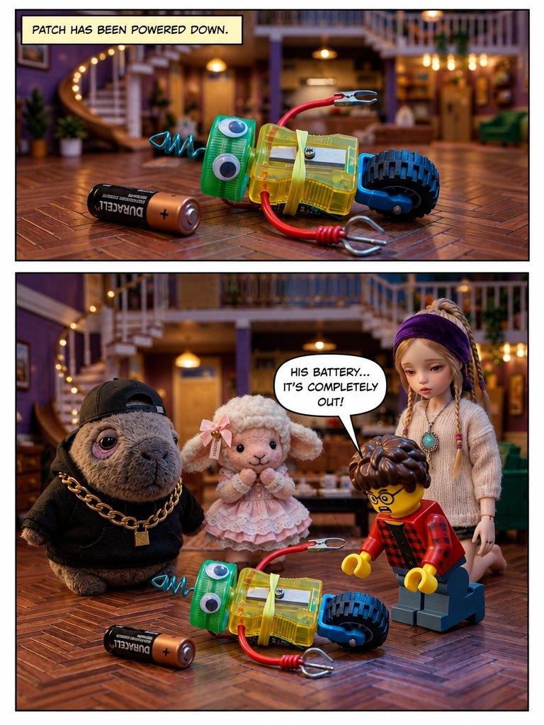 A comic page: Patch has been powered down, and his friends find his battery is out