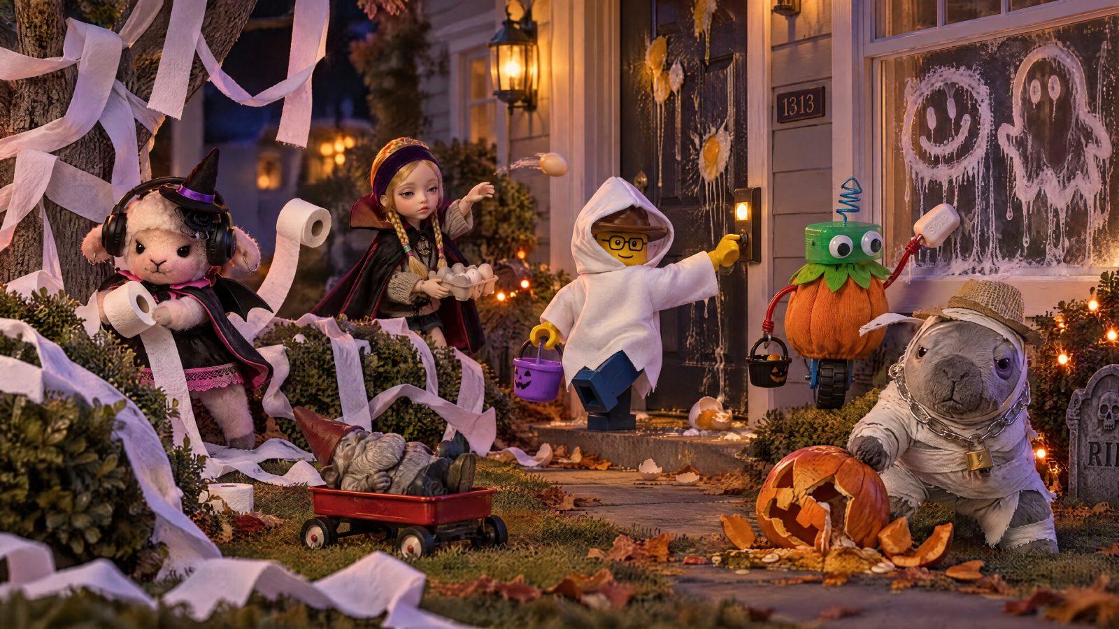 Buddies in Halloween costumes playing tricks outside a house at night