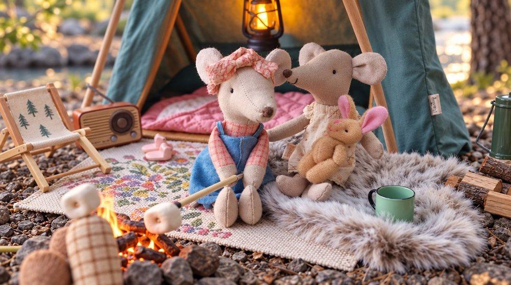 Rosie and Pip cuddling by a tent lit by a lantern