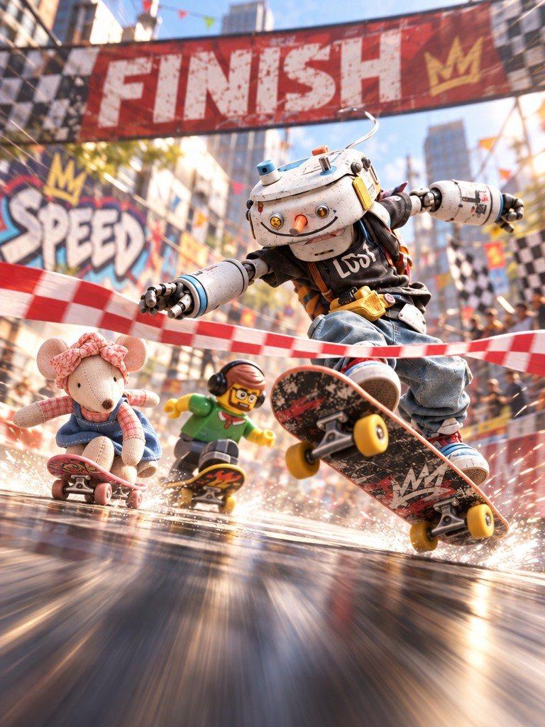 Skater Bot, Lil' G and Rosie racing on skateboards toward a finish line