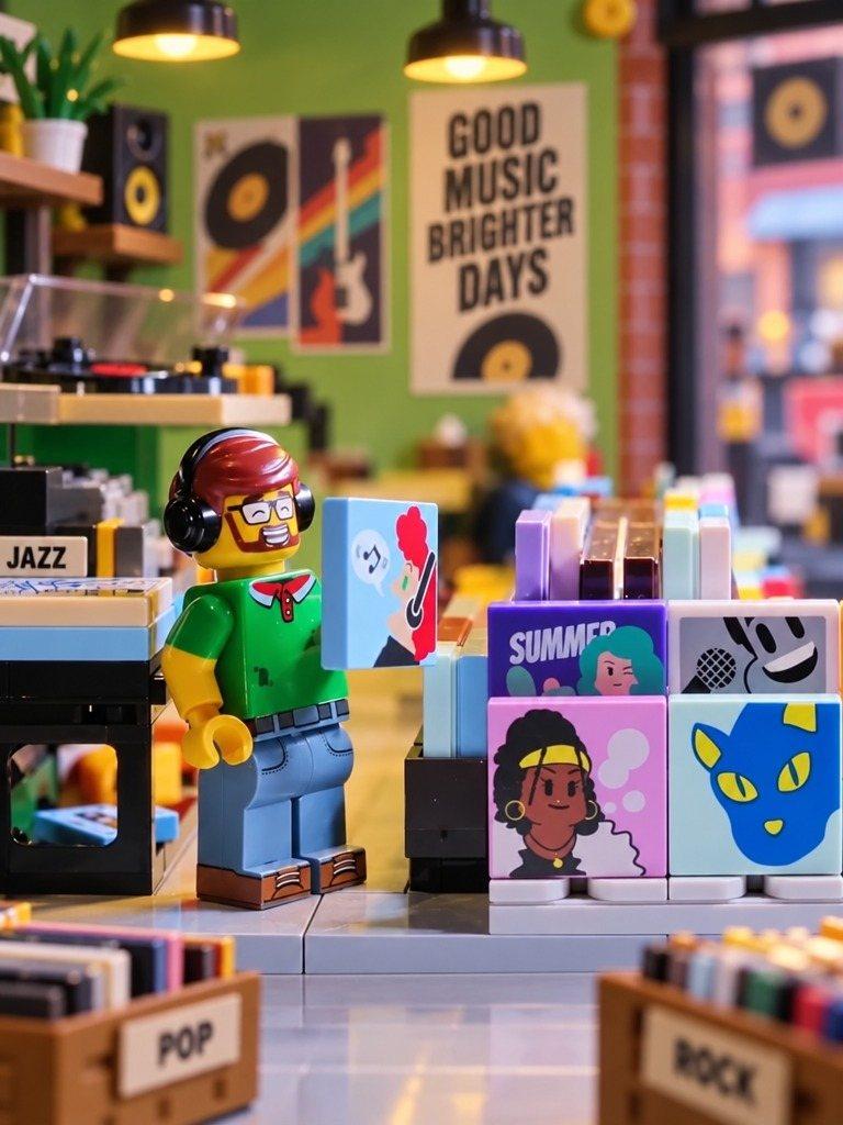 Lil' G, a minifig with headphones, browsing a wall of records