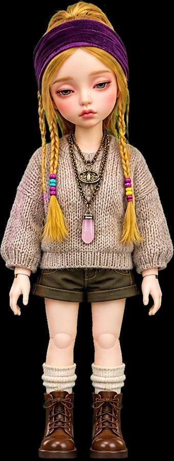 Roxy, a doll in a knit sweater with braids and a purple headband