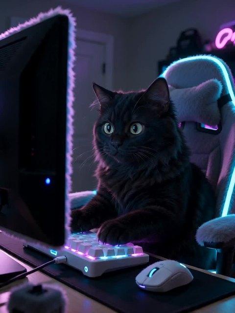 A black cat plush gaming at a glowing keyboard