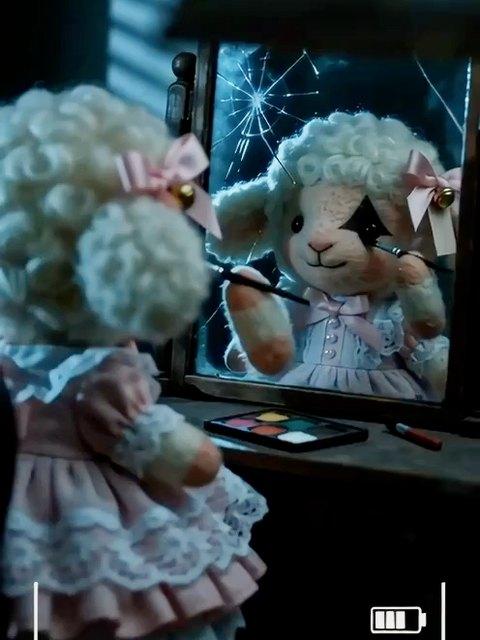 A lamb plush painting her face in a cracked mirror at midnight